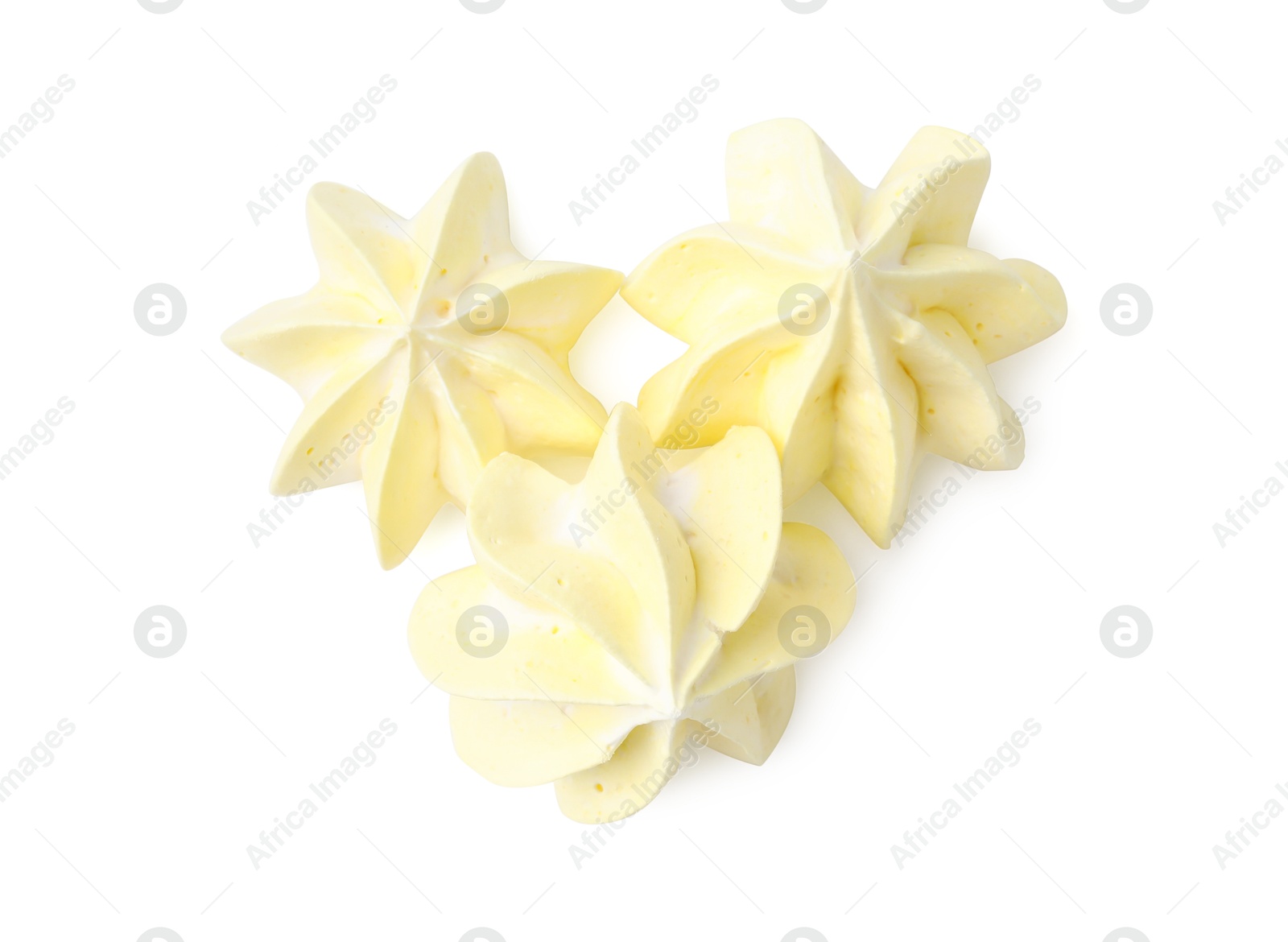 Photo of Three delicious meringue cookies isolated on white, top view