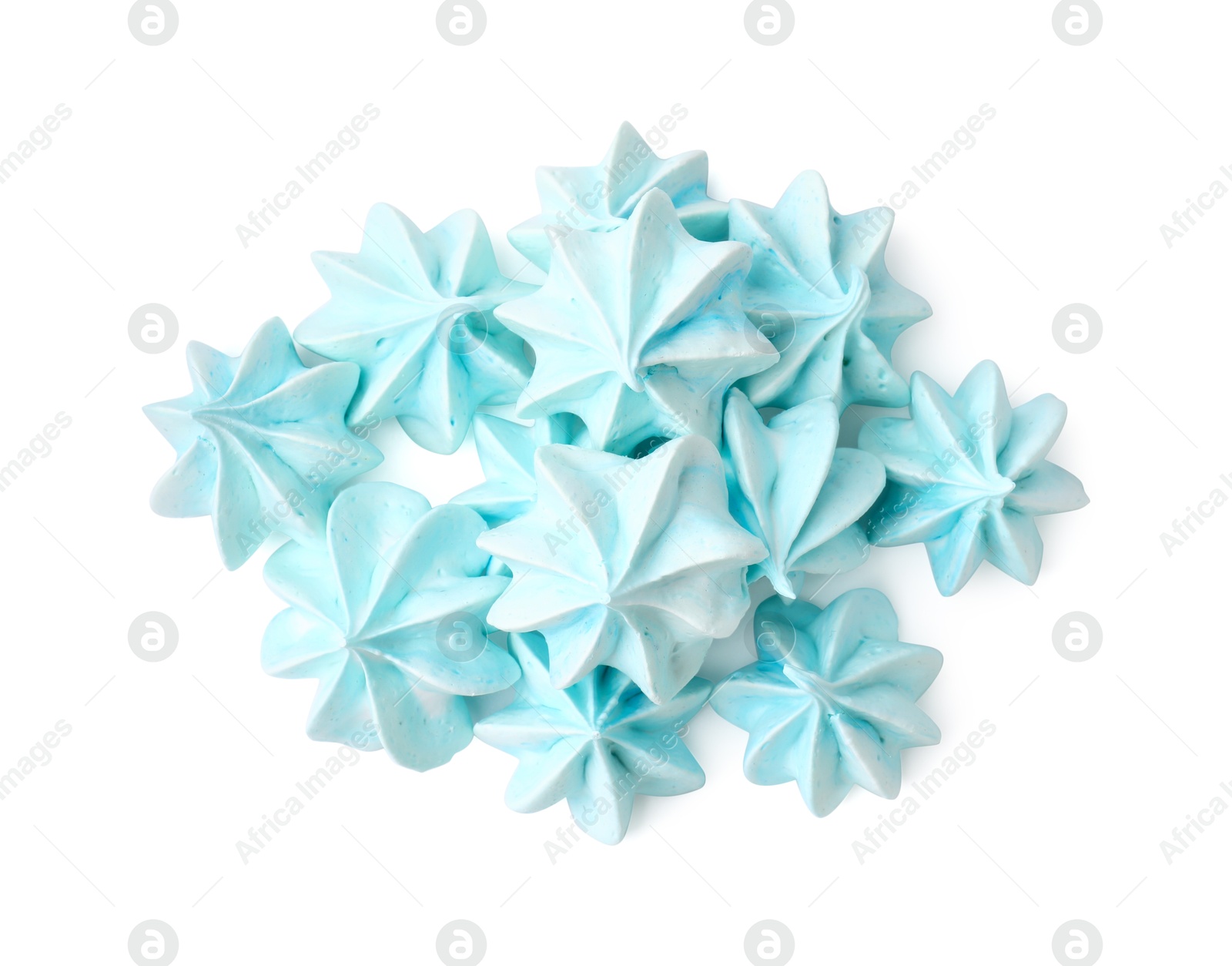 Photo of Many delicious meringue cookies isolated on white, top view