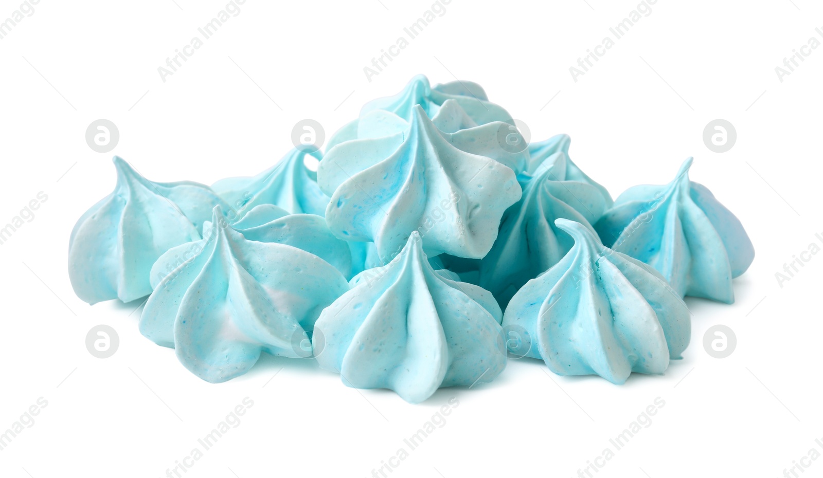 Photo of Many delicious meringue cookies isolated on white