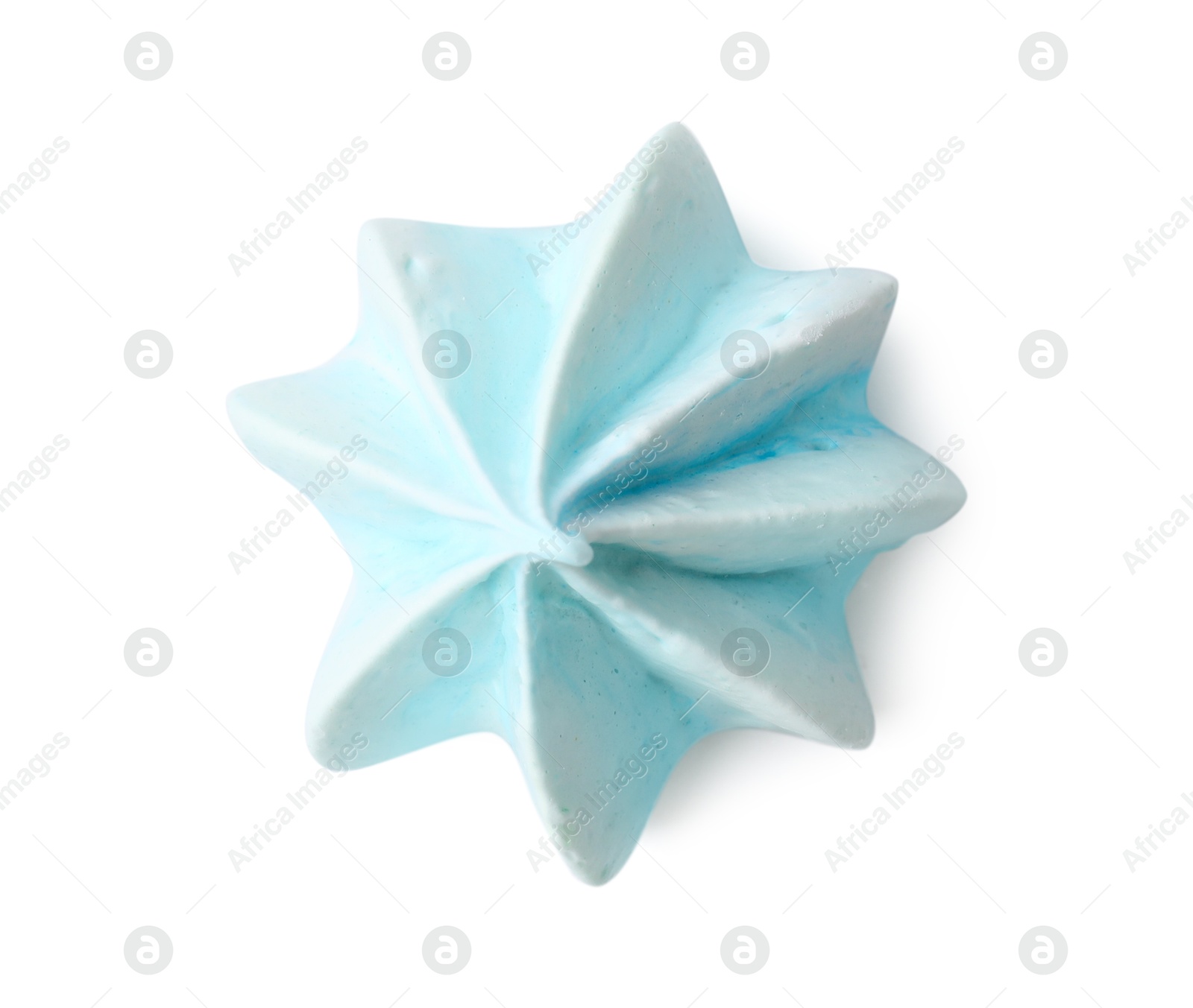 Photo of One delicious meringue cookie isolated on white, top view