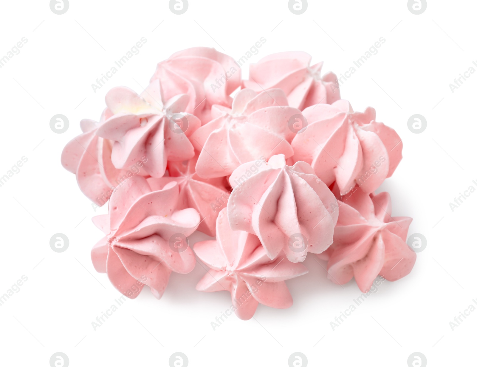 Photo of Many delicious meringue cookies isolated on white