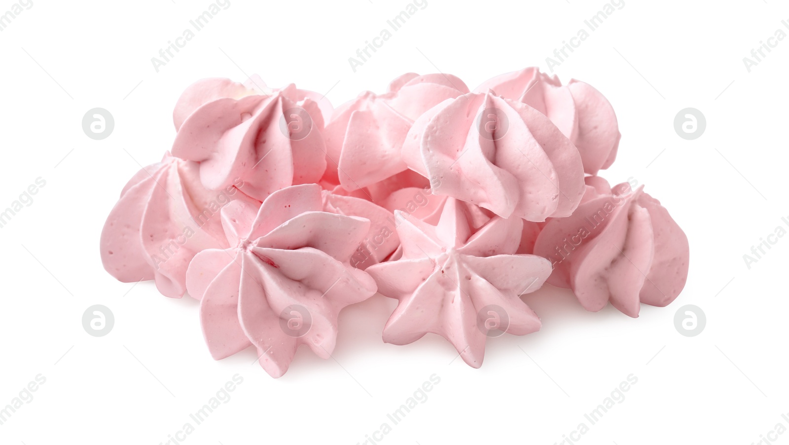 Photo of Many delicious meringue cookies isolated on white