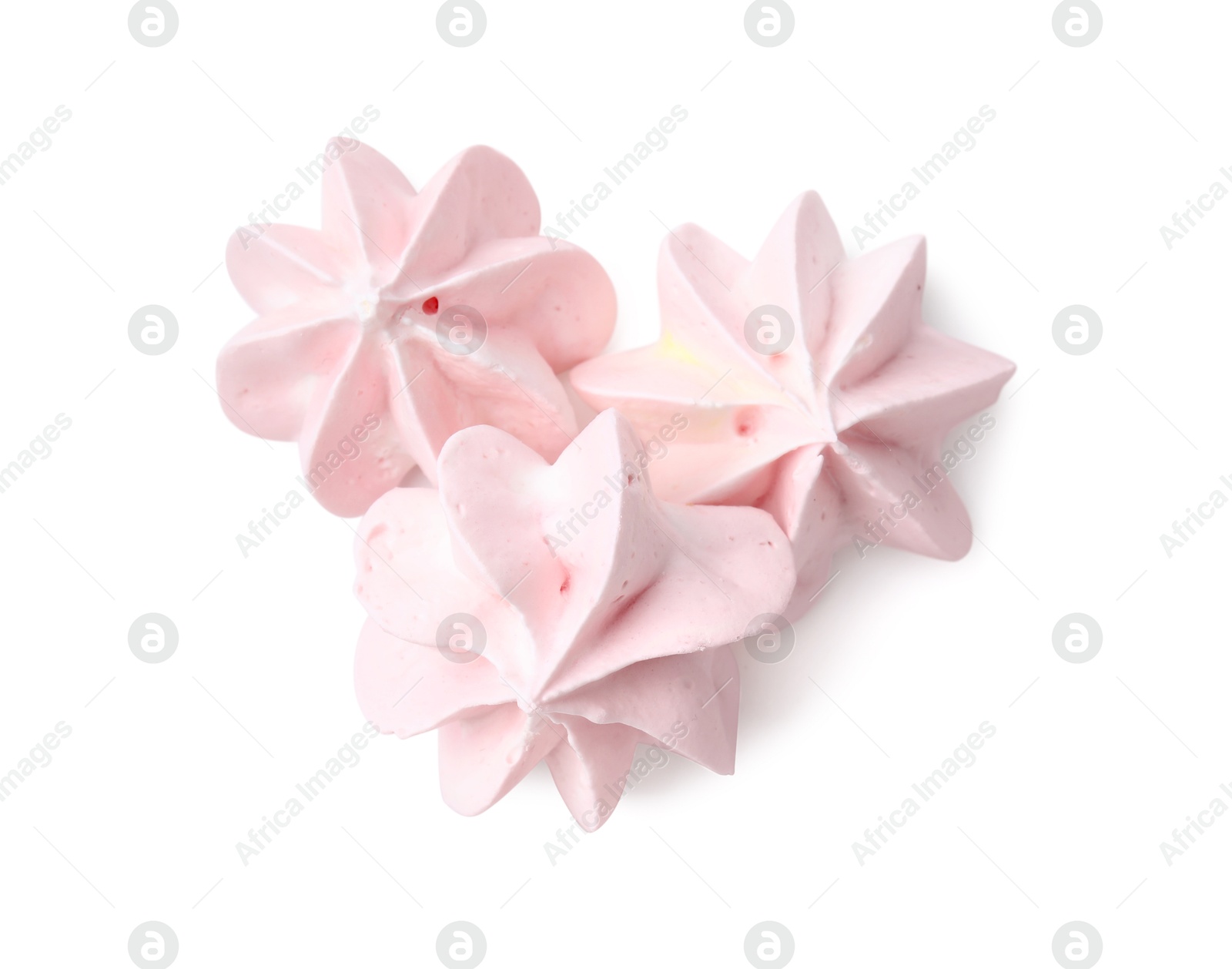 Photo of Three delicious meringue cookies isolated on white, top view