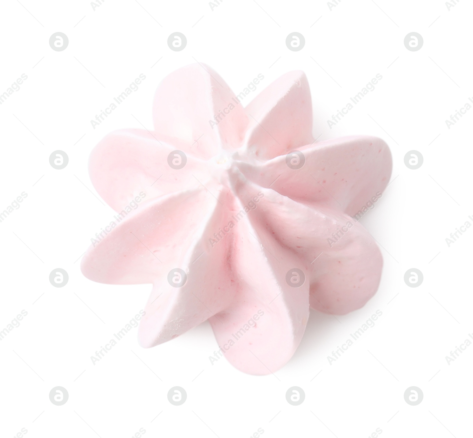 Photo of One delicious meringue cookie isolated on white, above view