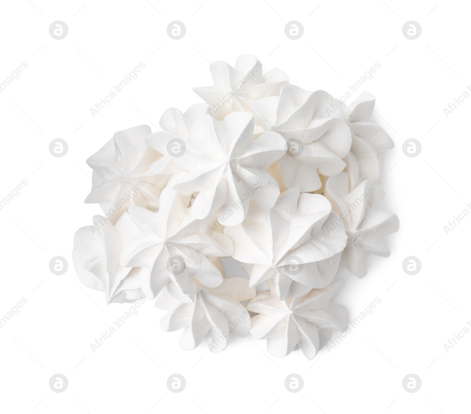 Photo of Many delicious meringue cookies isolated on white, top view