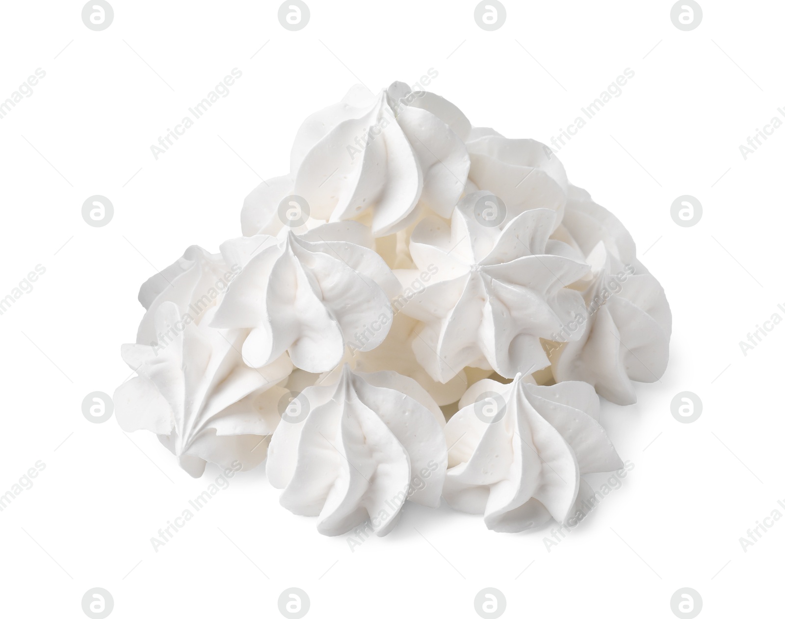 Photo of Many delicious meringue cookies isolated on white