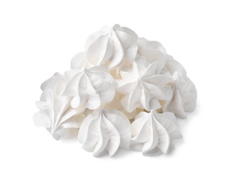 Photo of Many delicious meringue cookies isolated on white