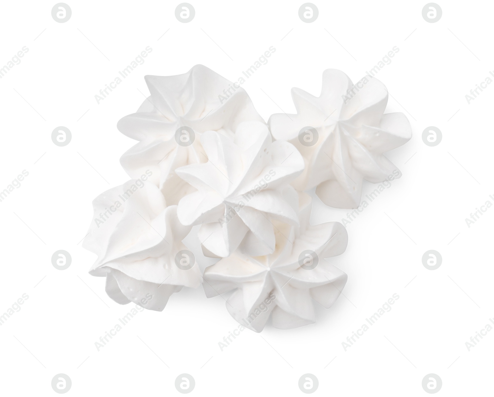 Photo of Many delicious meringue cookies isolated on white, top view