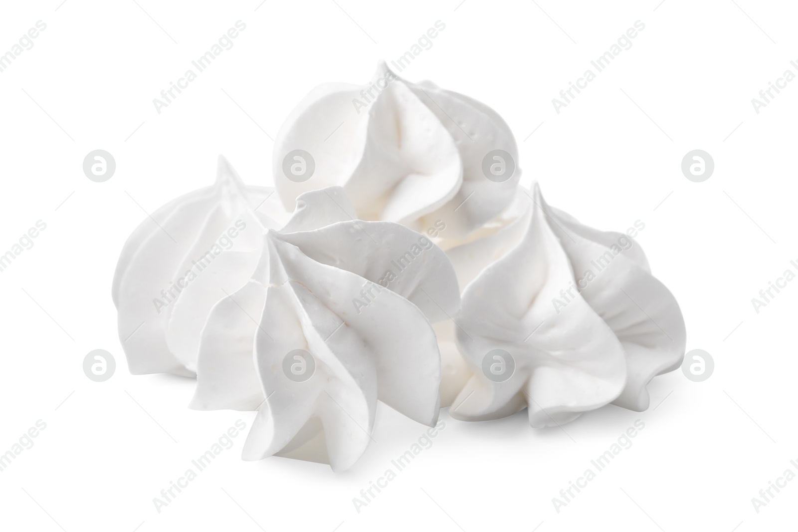 Photo of Many delicious meringue cookies isolated on white