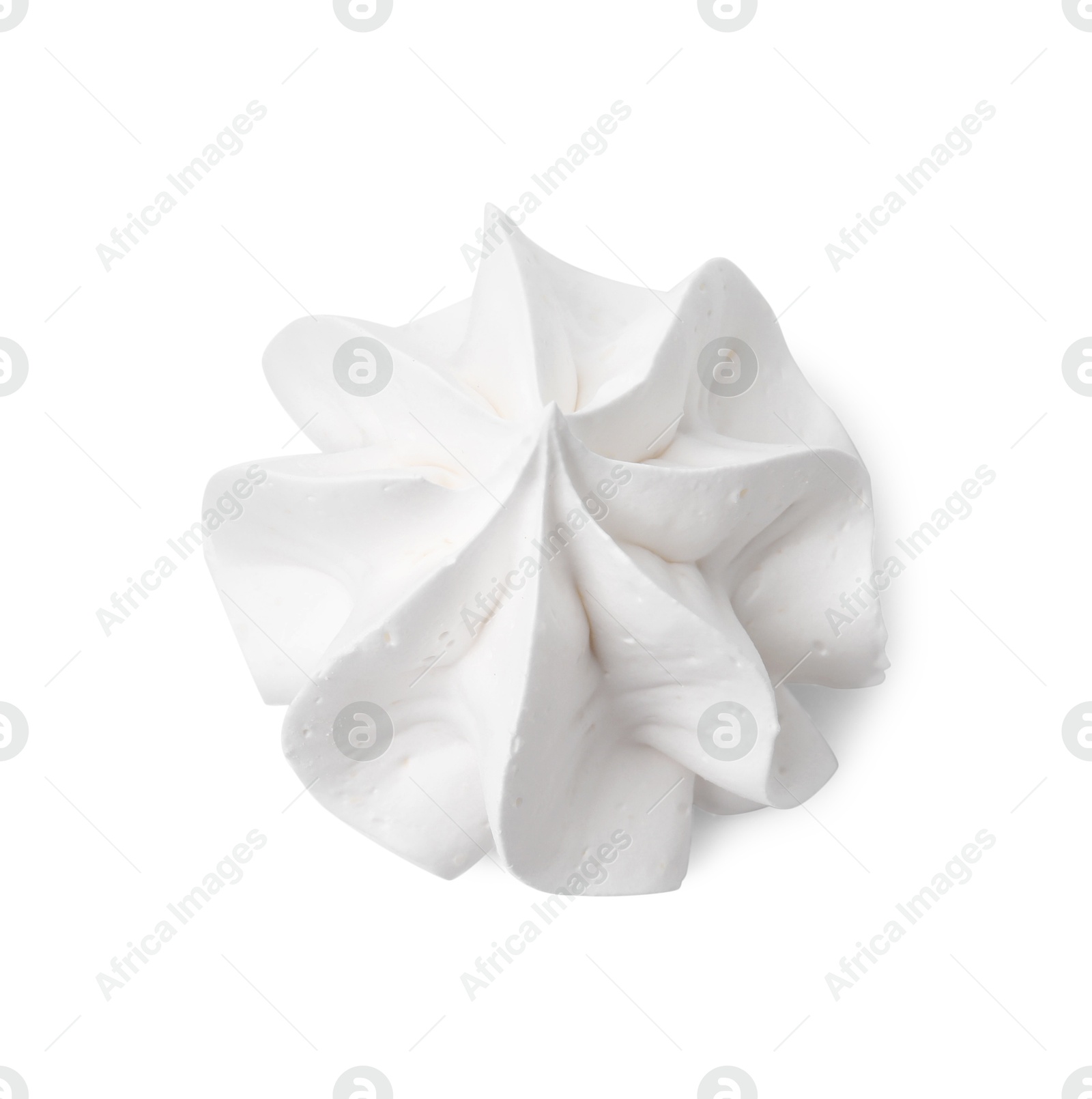 Photo of One delicious meringue cookie isolated on white, above view