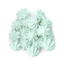 Photo of Many delicious meringue cookies isolated on white, top view