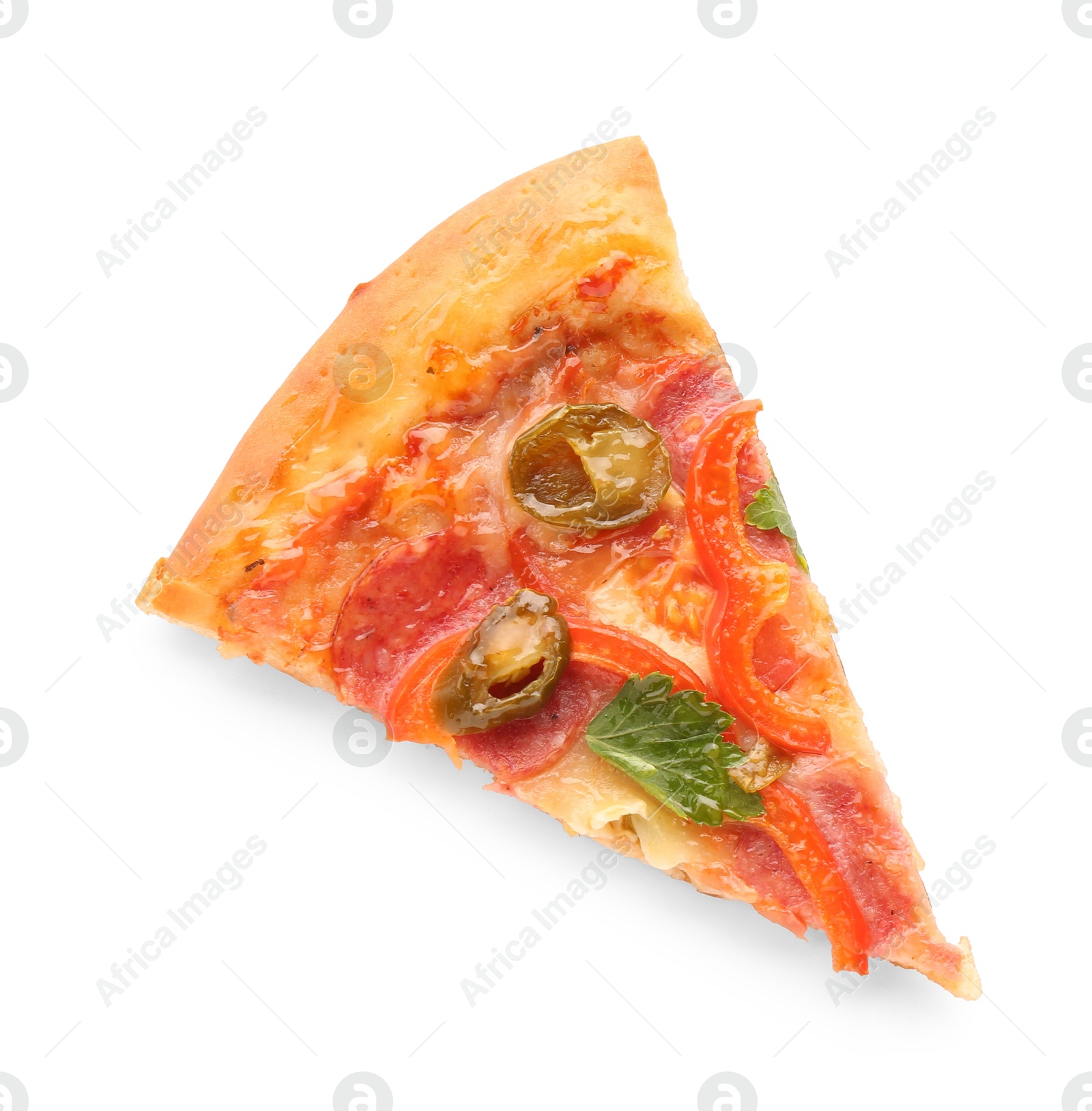 Photo of Piece of delicious pizza Diablo isolated on white, top view