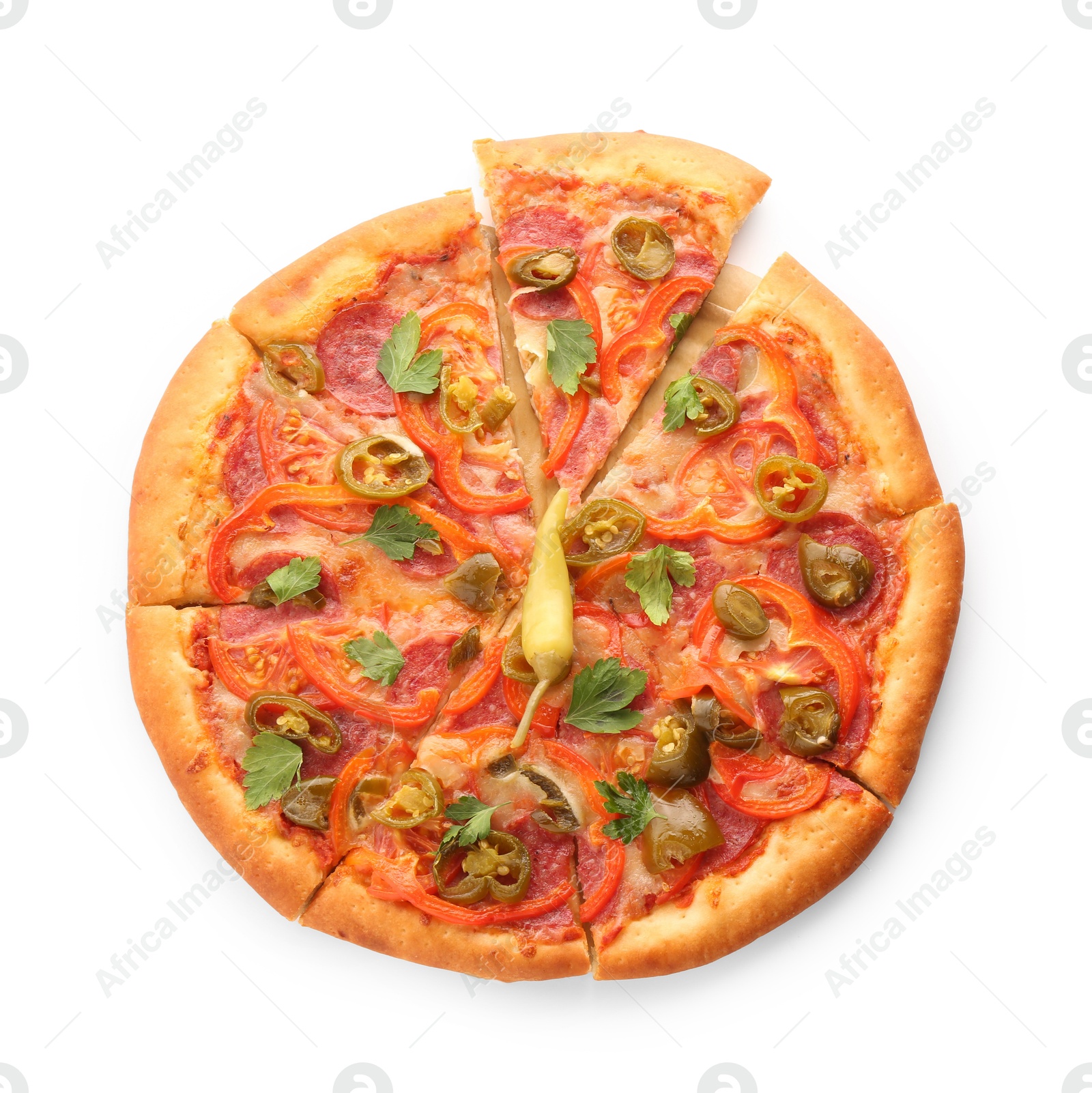 Photo of Delicious hot pizza Diablo isolated on white, top view