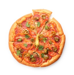 Photo of Delicious hot pizza Diablo isolated on white, top view