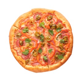 Photo of Delicious hot pizza Diablo isolated on white, top view