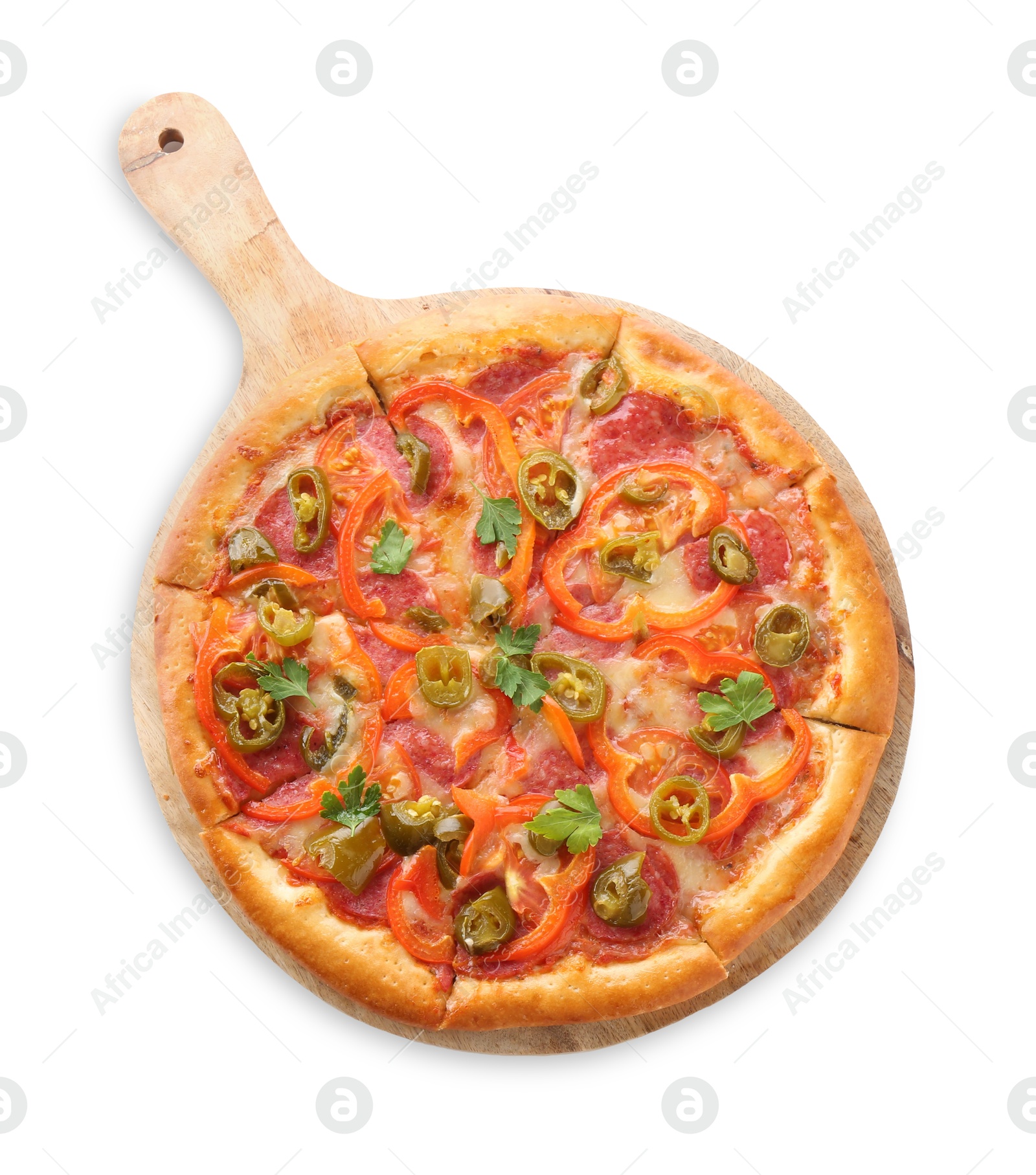 Photo of Delicious hot pizza Diablo isolated on white, top view