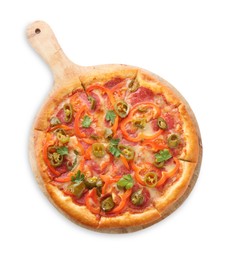 Photo of Delicious hot pizza Diablo isolated on white, top view