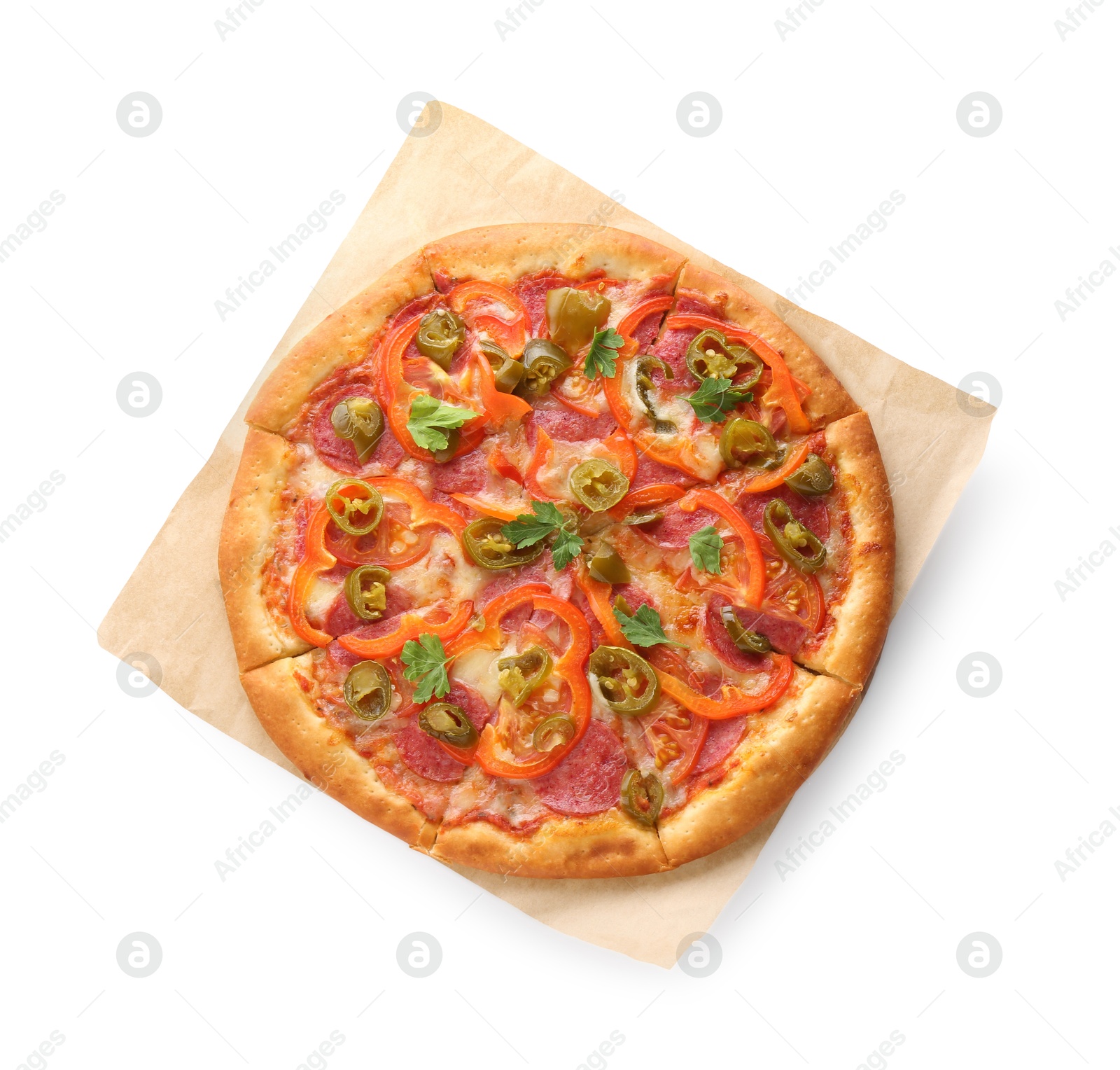 Photo of Delicious hot pizza Diablo isolated on white, top view