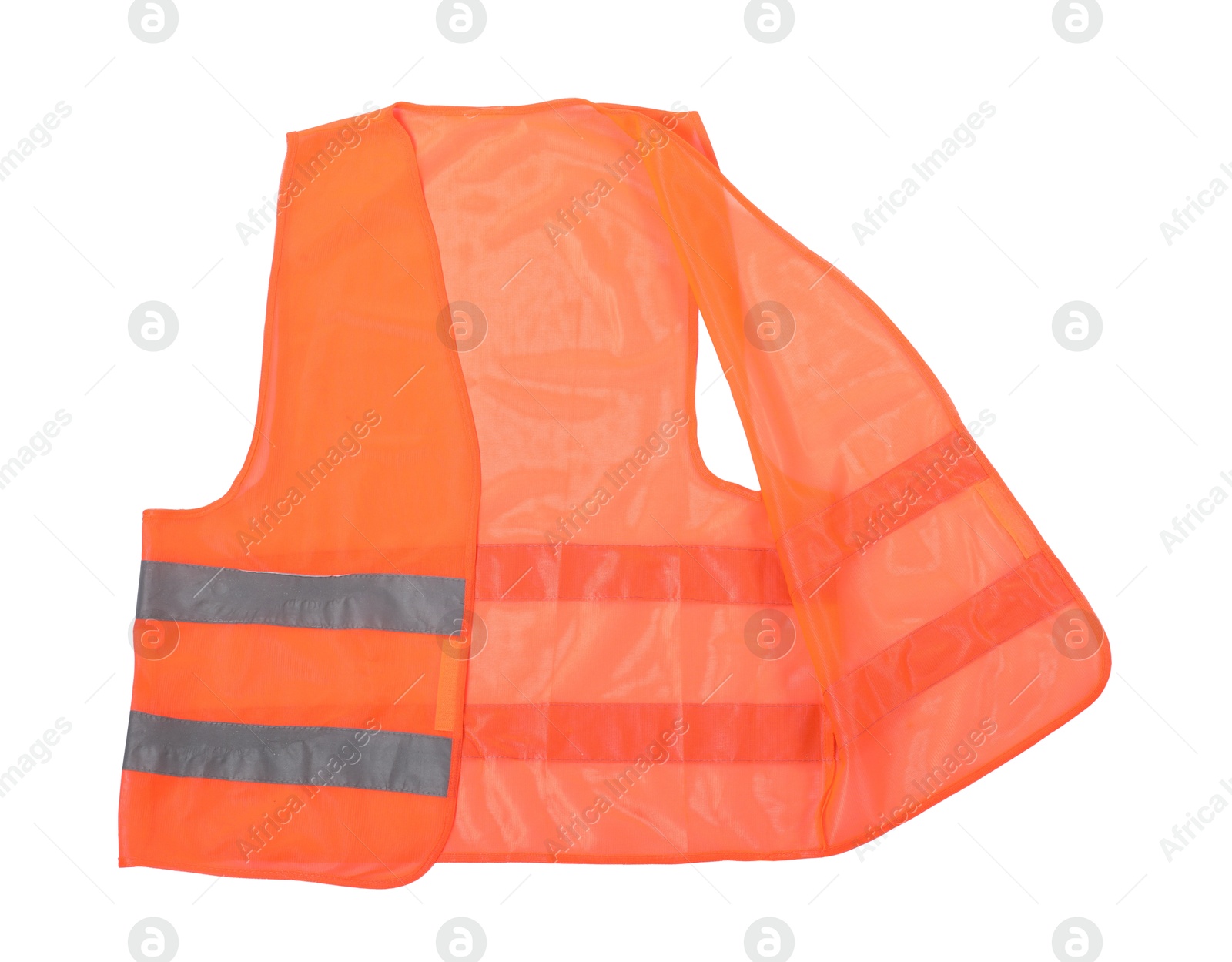 Photo of Orange reflective vest isolated on white, top view