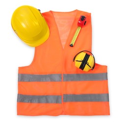 Photo of Orange reflective vest, hard hat, earmuffs and tape measure isolated on white, top view