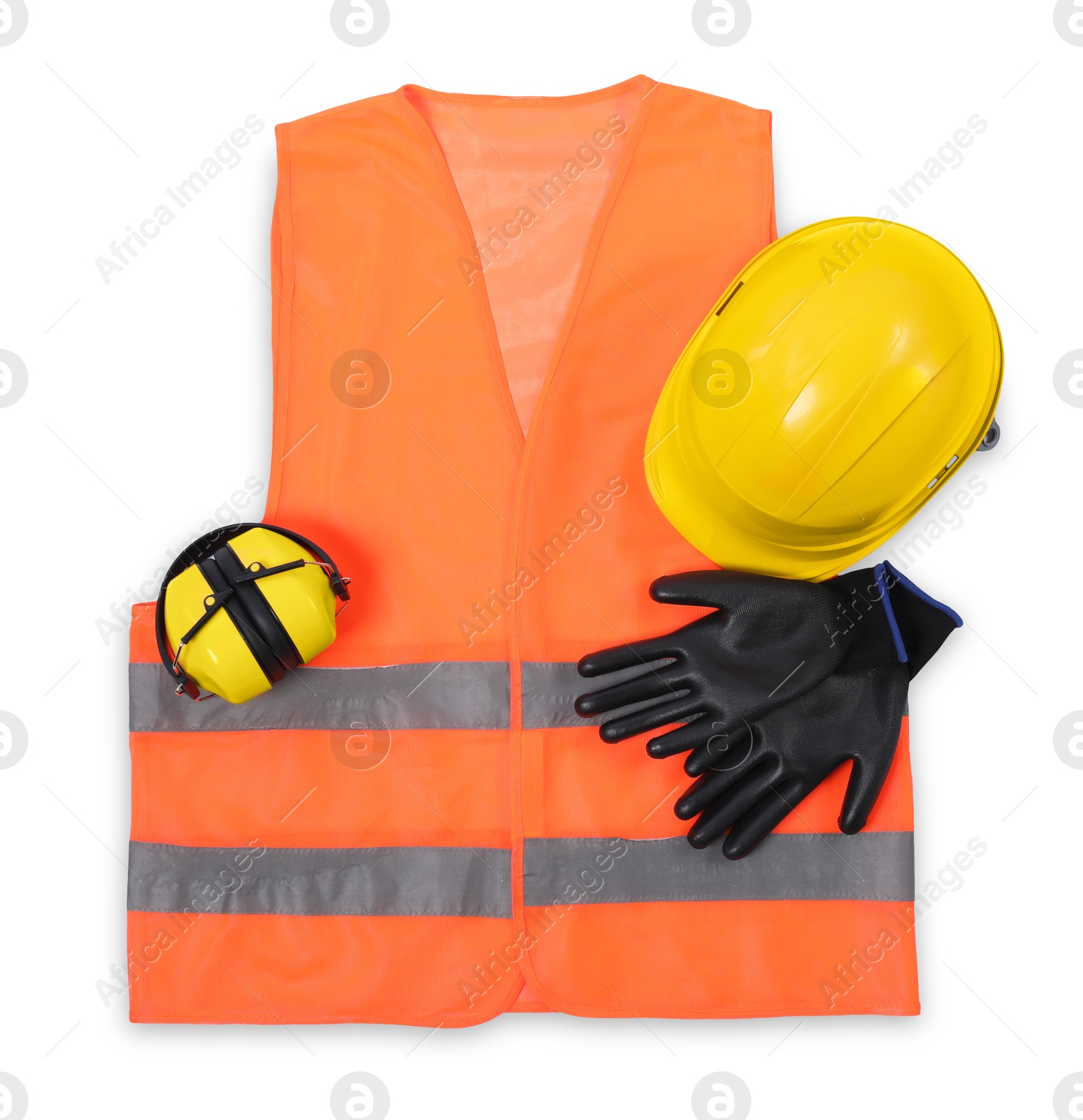 Photo of Orange reflective vest, hard hat, earmuffs and protective gloves isolated on white, top view