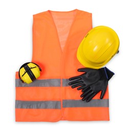 Photo of Orange reflective vest, hard hat, earmuffs and protective gloves isolated on white, top view