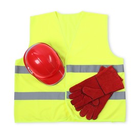 Reflective vest, hard hat and protective gloves isolated on white, top view