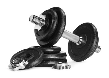 Photo of Barbell and parts of one isolated on white