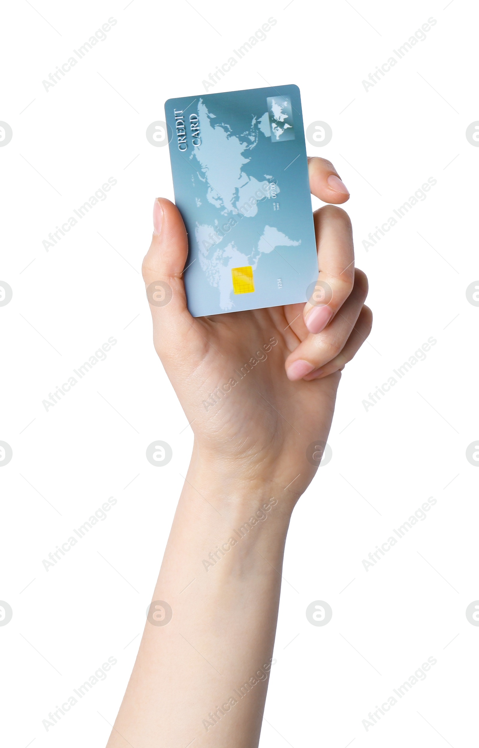 Photo of Woman holding credit card on white background, closeup