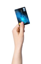 Woman holding credit card on white background, closeup