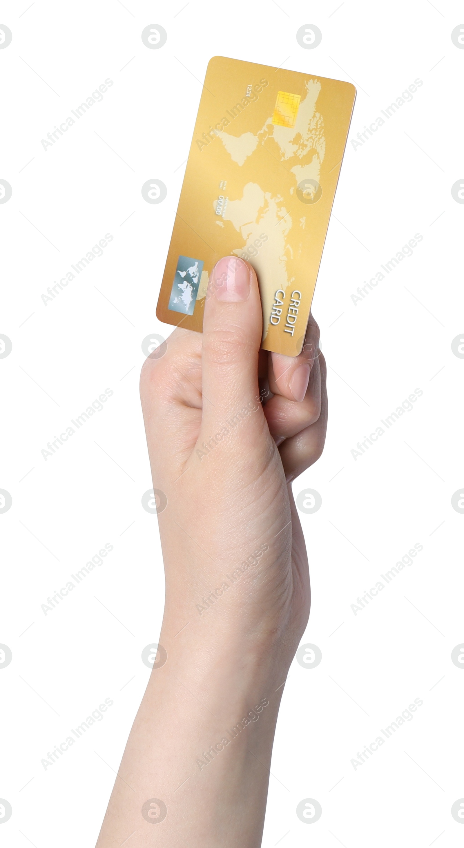 Photo of Woman holding credit card on white background, closeup