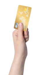 Photo of Woman holding credit card on white background, closeup