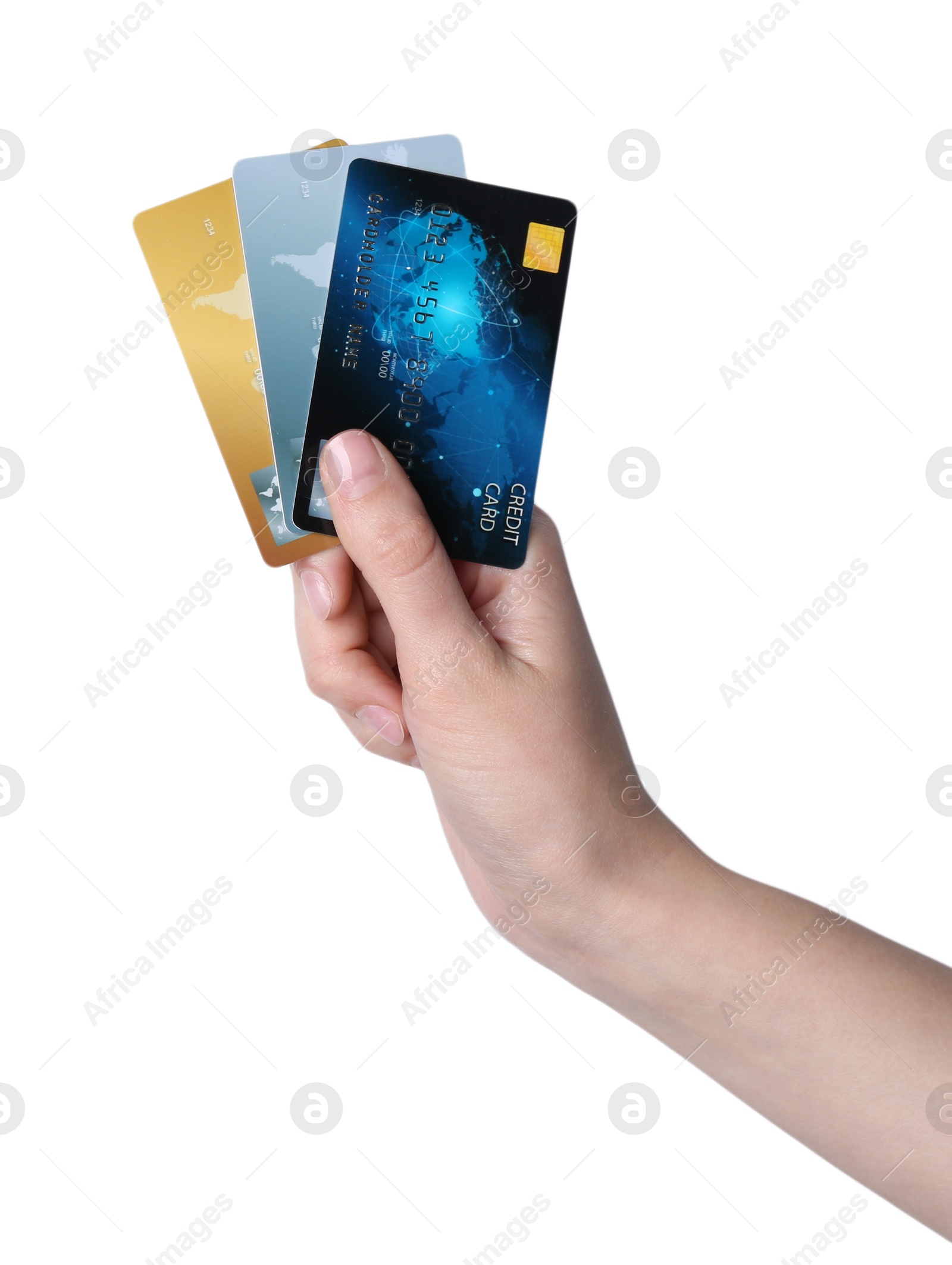 Photo of Woman holding credit cards on white background, closeup