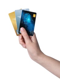 Photo of Woman holding credit cards on white background, closeup