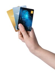 Photo of Woman holding credit cards on white background, closeup