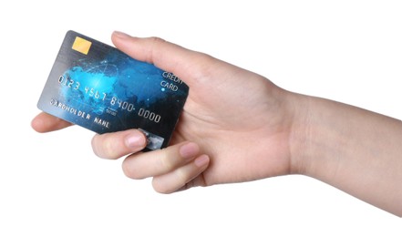 Woman holding credit card on white background, closeup