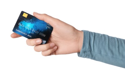 Woman holding credit card on white background, closeup