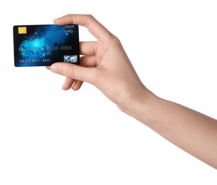 Woman holding credit card on white background, closeup