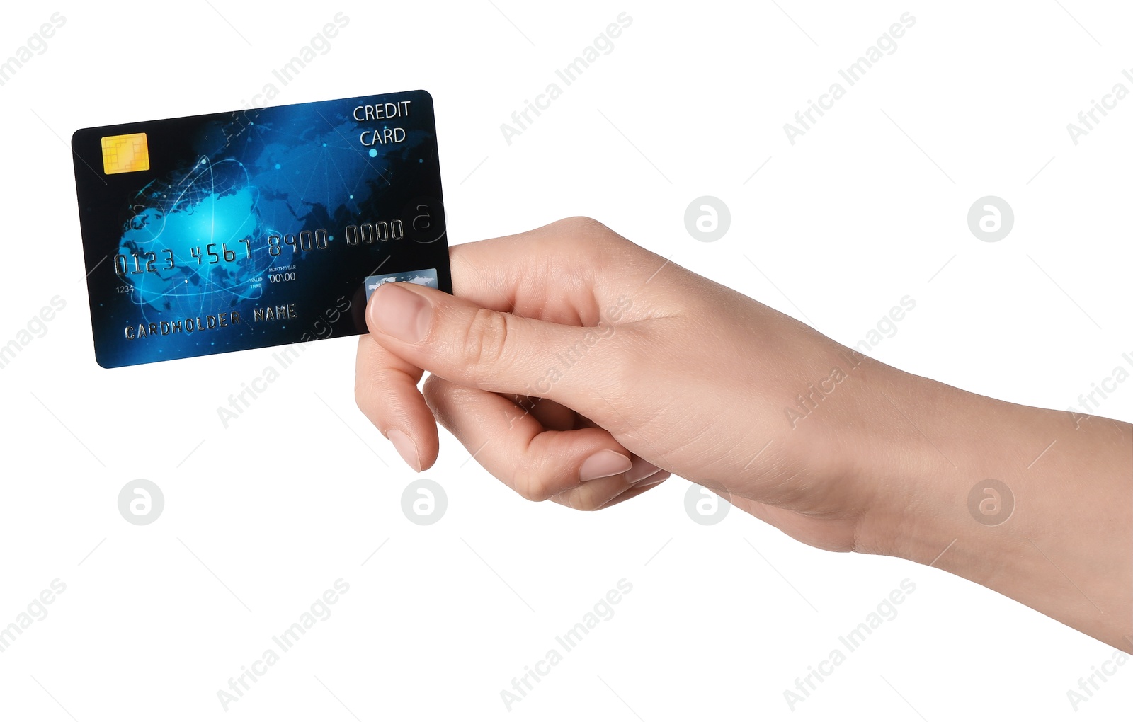 Photo of Woman holding credit card on white background, closeup