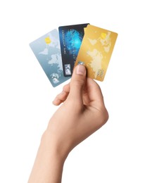 Photo of Man holding credit cards on white background, closeup