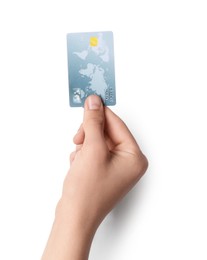 Man holding credit card on white background, closeup