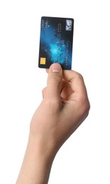 Photo of Man holding credit card on white background, closeup