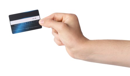 Man holding credit card on white background, closeup