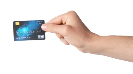 Man holding credit card on white background, closeup