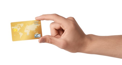 Photo of Man holding credit card on white background, closeup