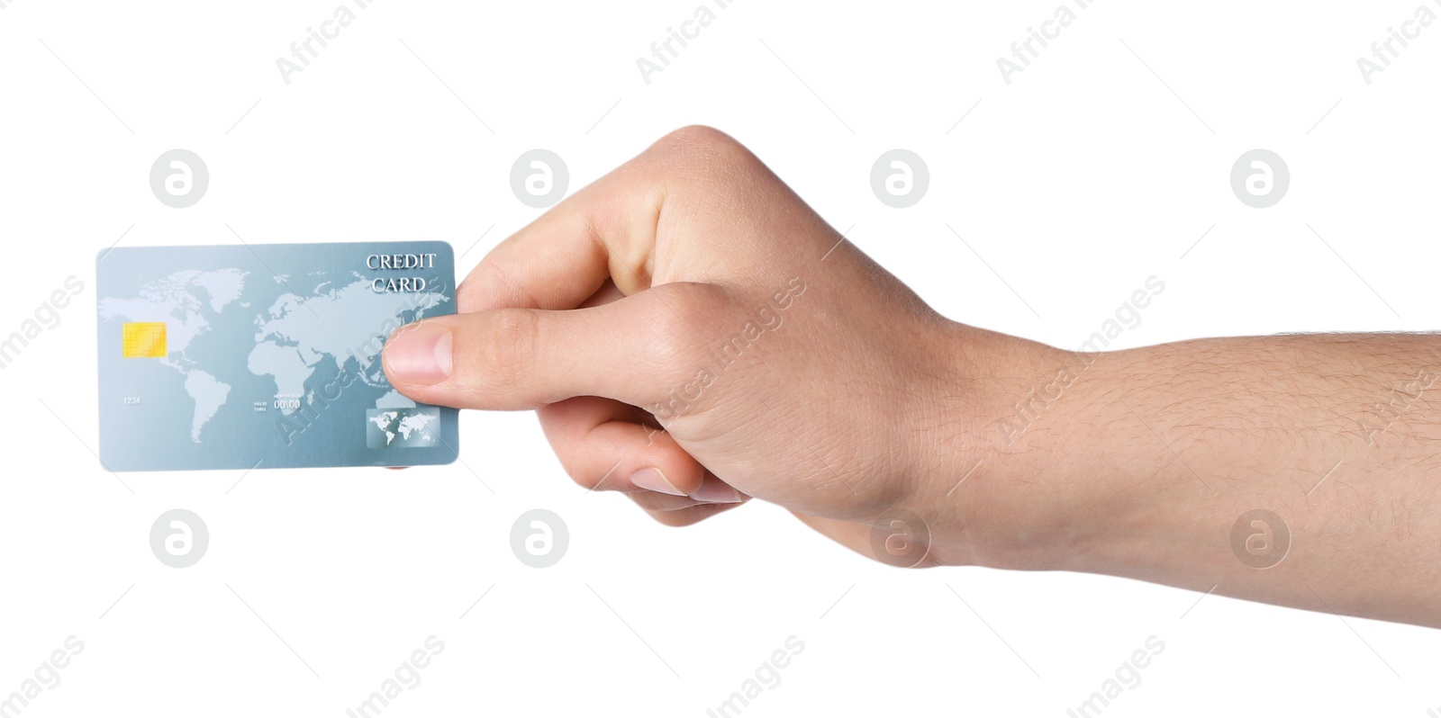 Photo of Man holding credit card on white background, closeup