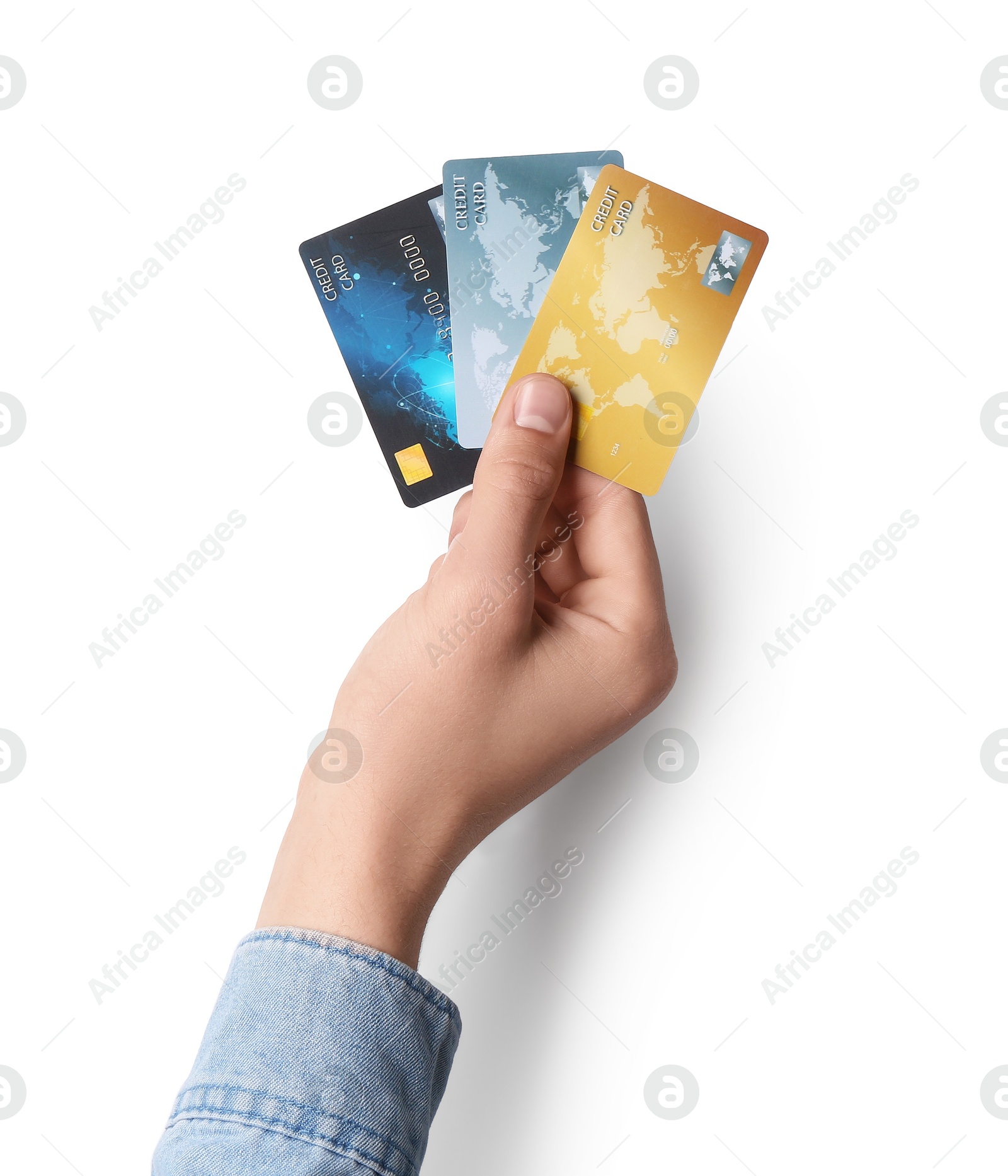 Photo of Man holding credit cards on white background, closeup