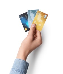 Photo of Man holding credit cards on white background, closeup
