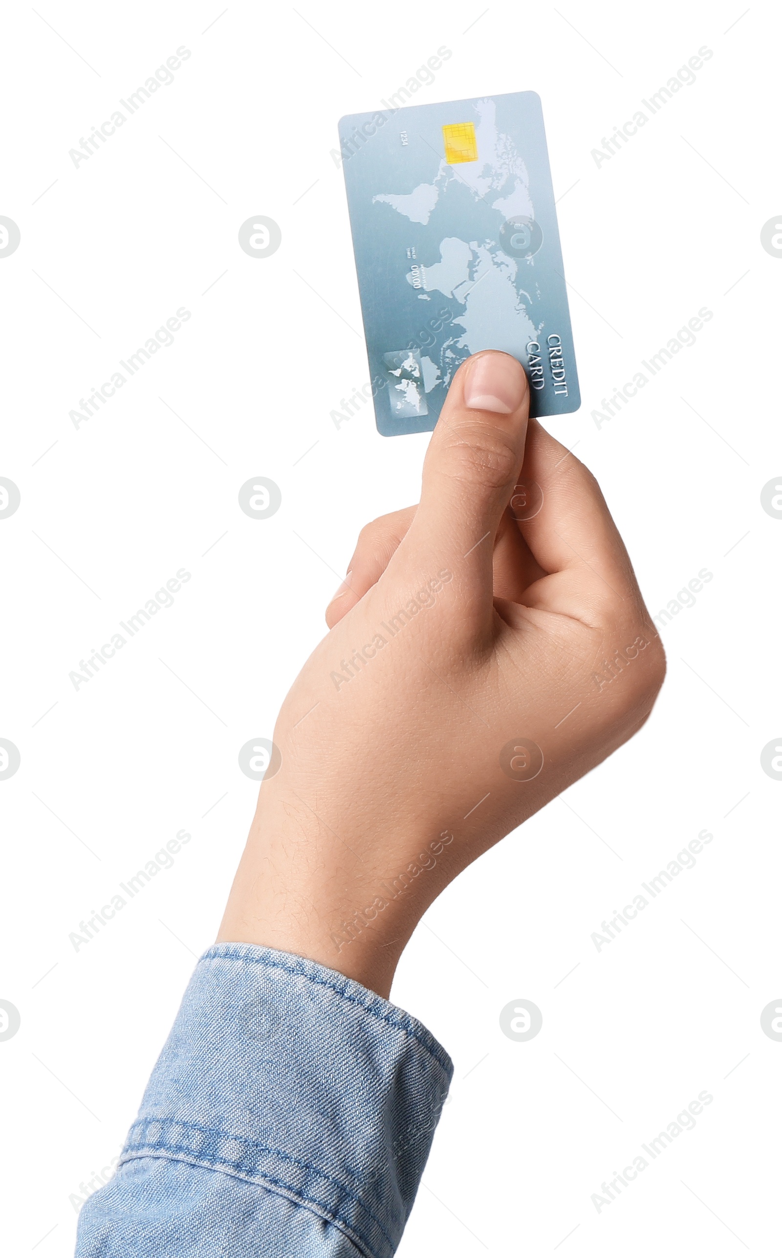 Photo of Man holding credit card on white background, closeup