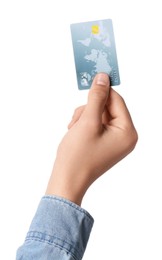 Photo of Man holding credit card on white background, closeup